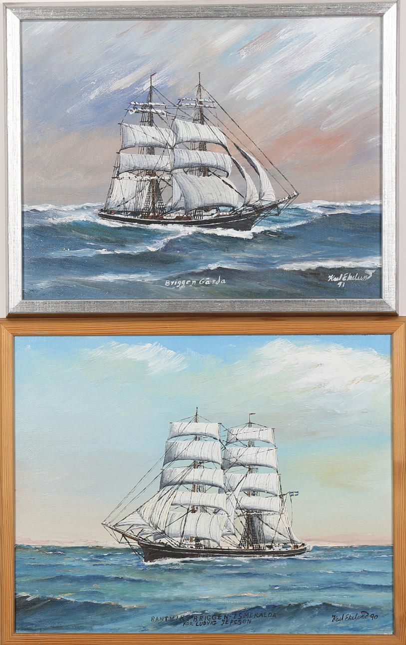 KARL EKELUND. PARTI KONST, 2 st, segelfartyg, oljor på dukar, båda signerad och daterade -90, 91.