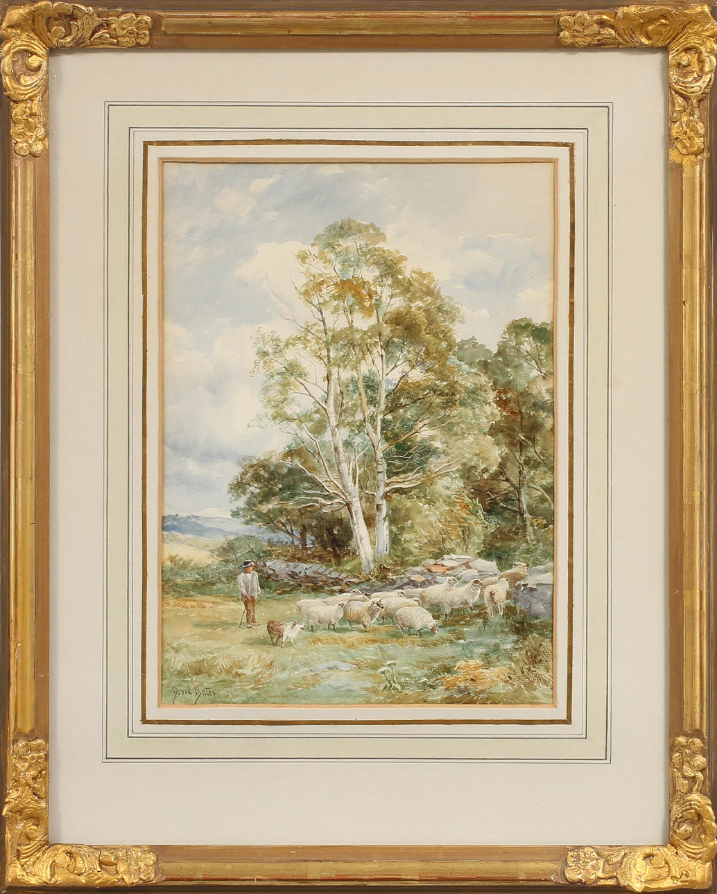 DAVID BATES. Landskap med får och figur, akvarell, signerad.
