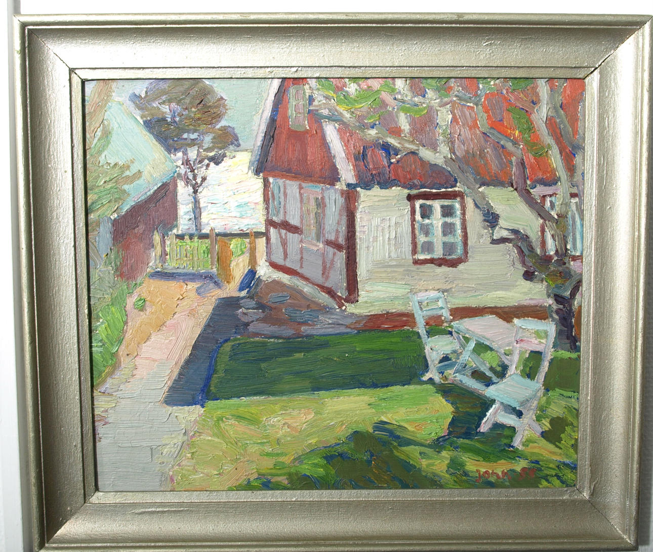 GUNNAR JONN. Olja på pannå, Innergård, signerad Jonn -55.