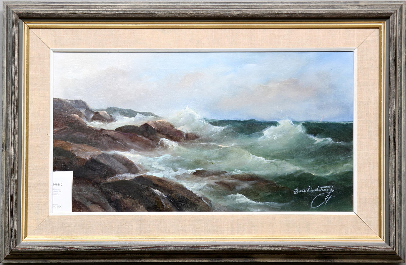 DAN LINDSTRAND. "Västkust", olja på pannå, signerad.