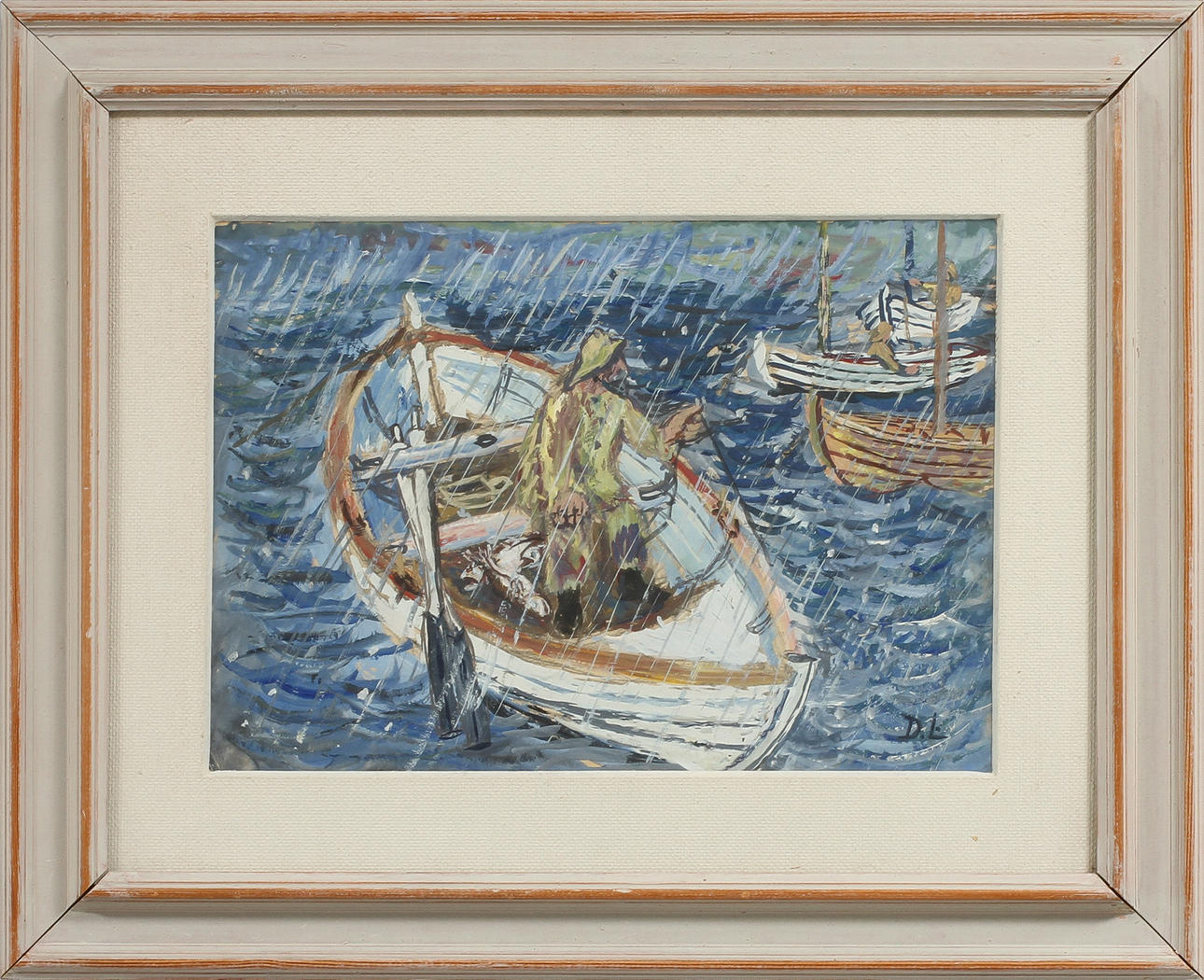 DAVID LARSSON. Fiske i spöregn, akvarell, signerad.