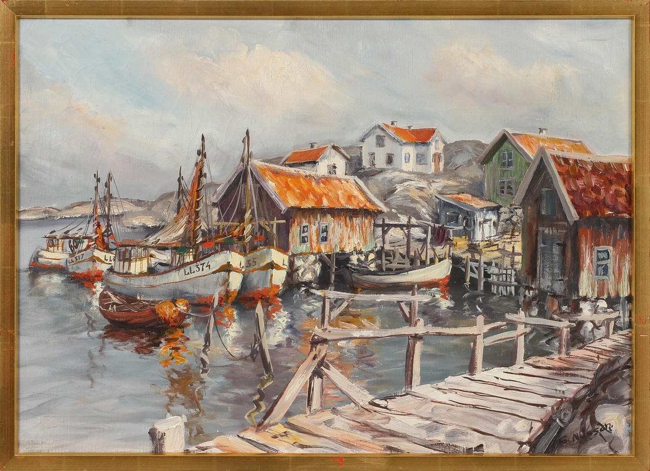 OIDENTIFIERAD KONSTNÄR. Kustsamhälle, olja på duk, signerad, G Nilsson.