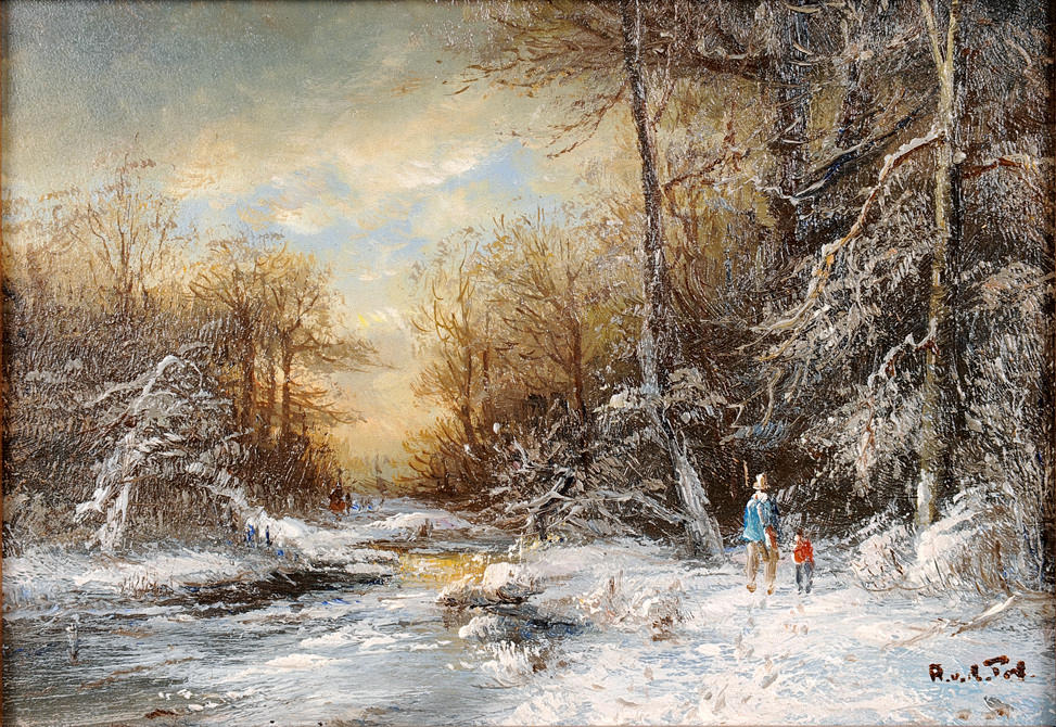 AREND VAN DE POL. GÅ I VINTERSKOGEN. olja/tallrik. 18 x 13,5 cm. R.U.sign.: A.V.D.pol. ram.