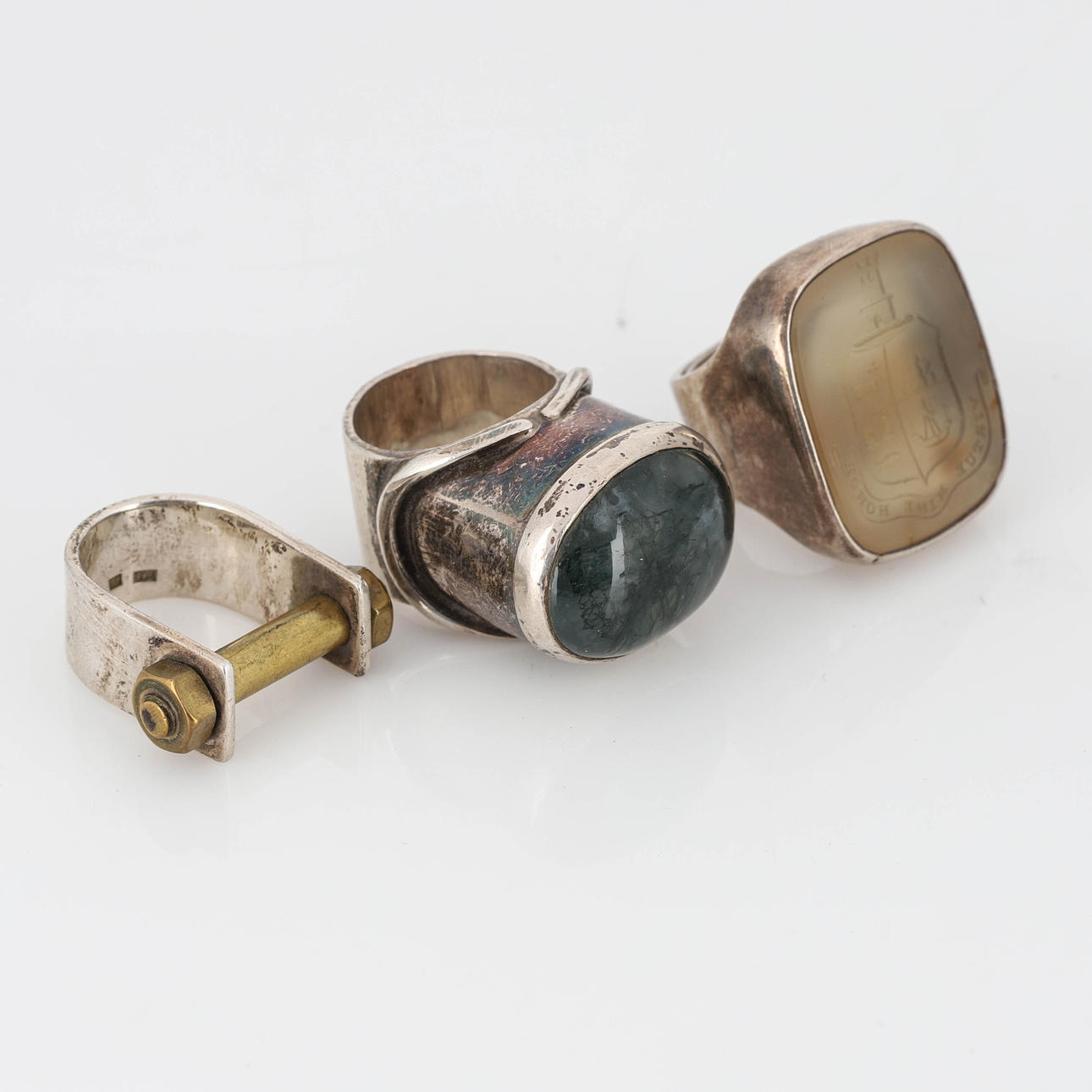 RINGE, 3 Stück, Sterlingsilber, grüner Stein, Siegelring.
