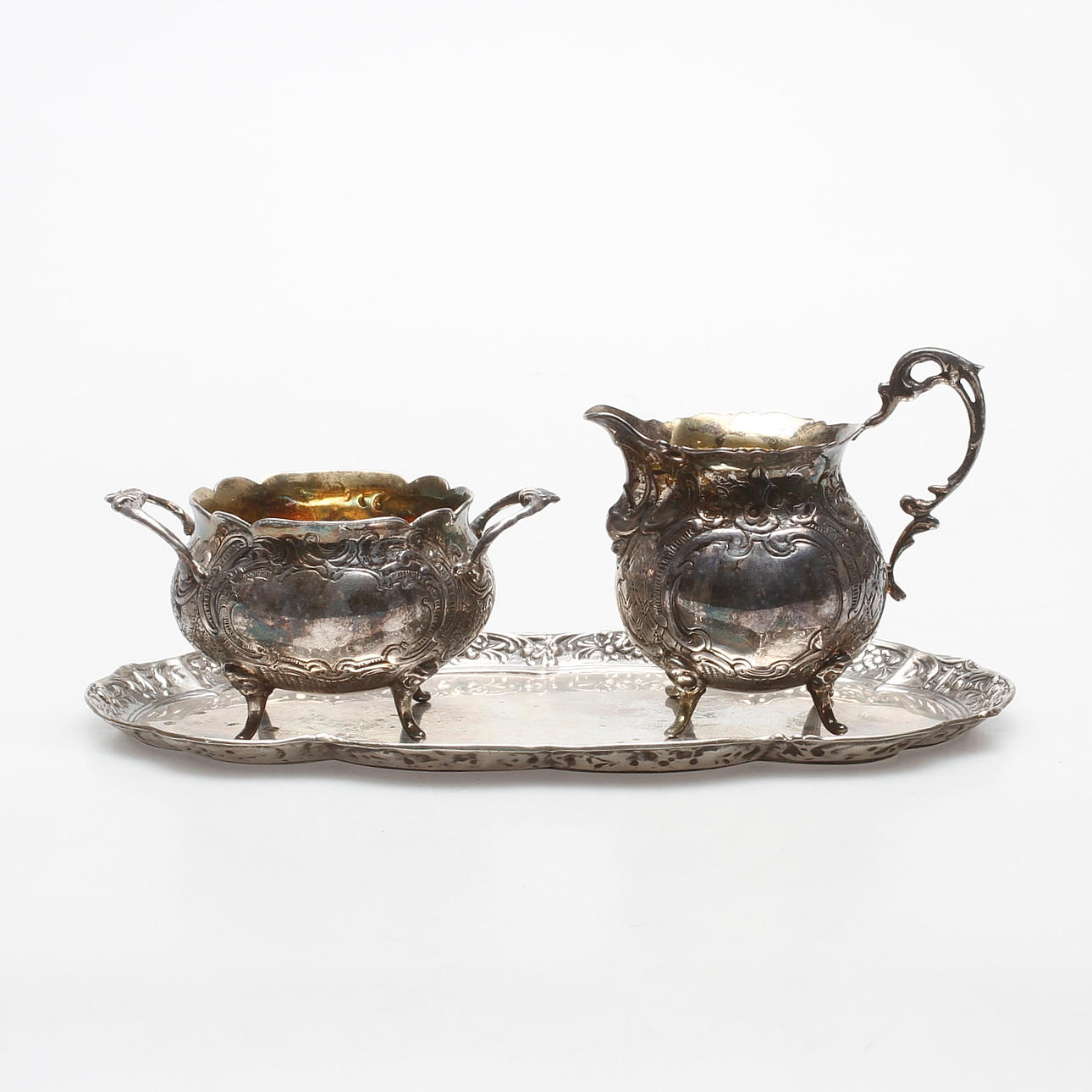 GRÄDDKANNA, SOCKERSKÅL samt BRICKA, "Gewe", ca 463 gram, Silver.