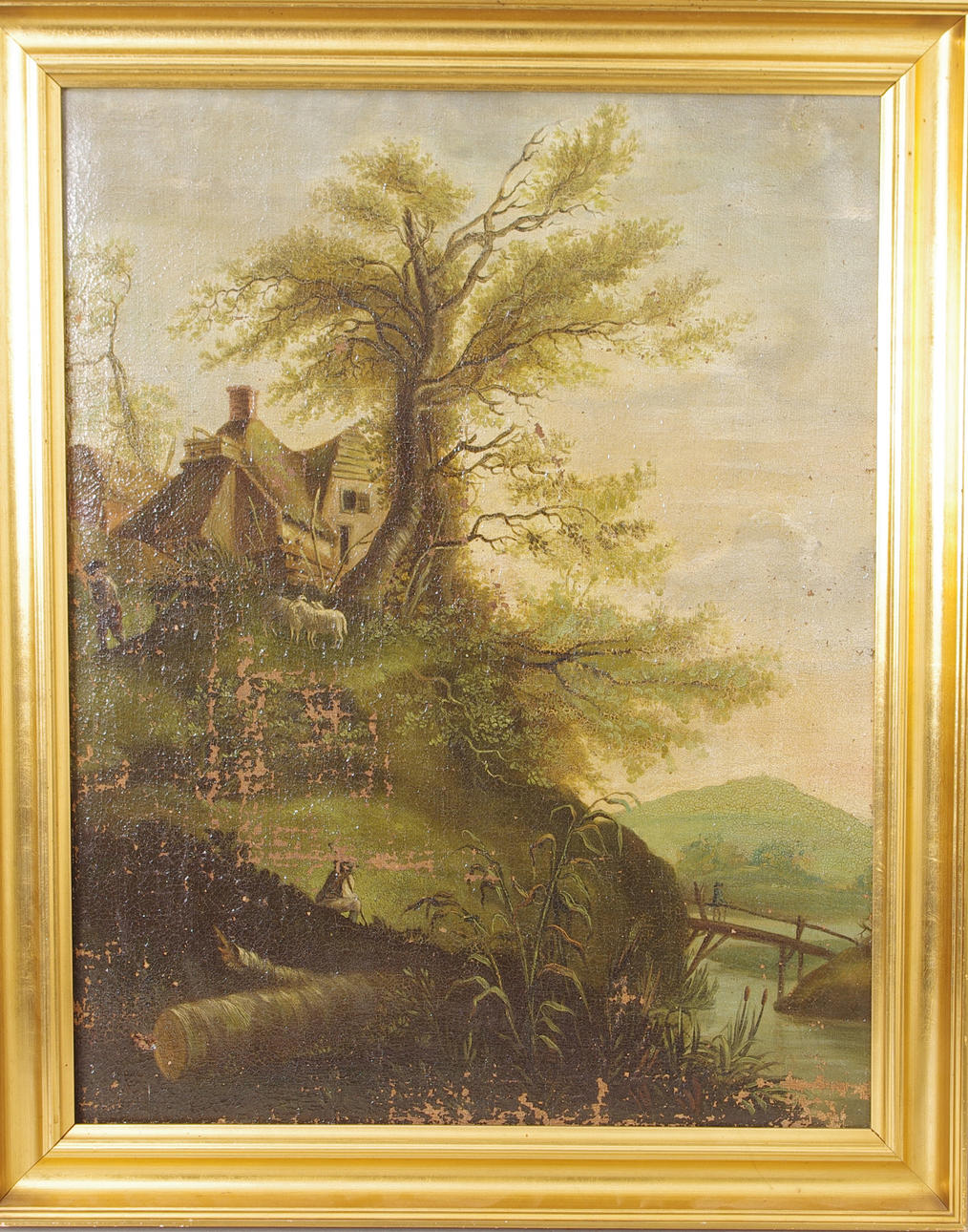 OIDENTIFIERAD KONSTNÄR. Landskap med hus och herdar, olja på duk, 1800/1900-tal.