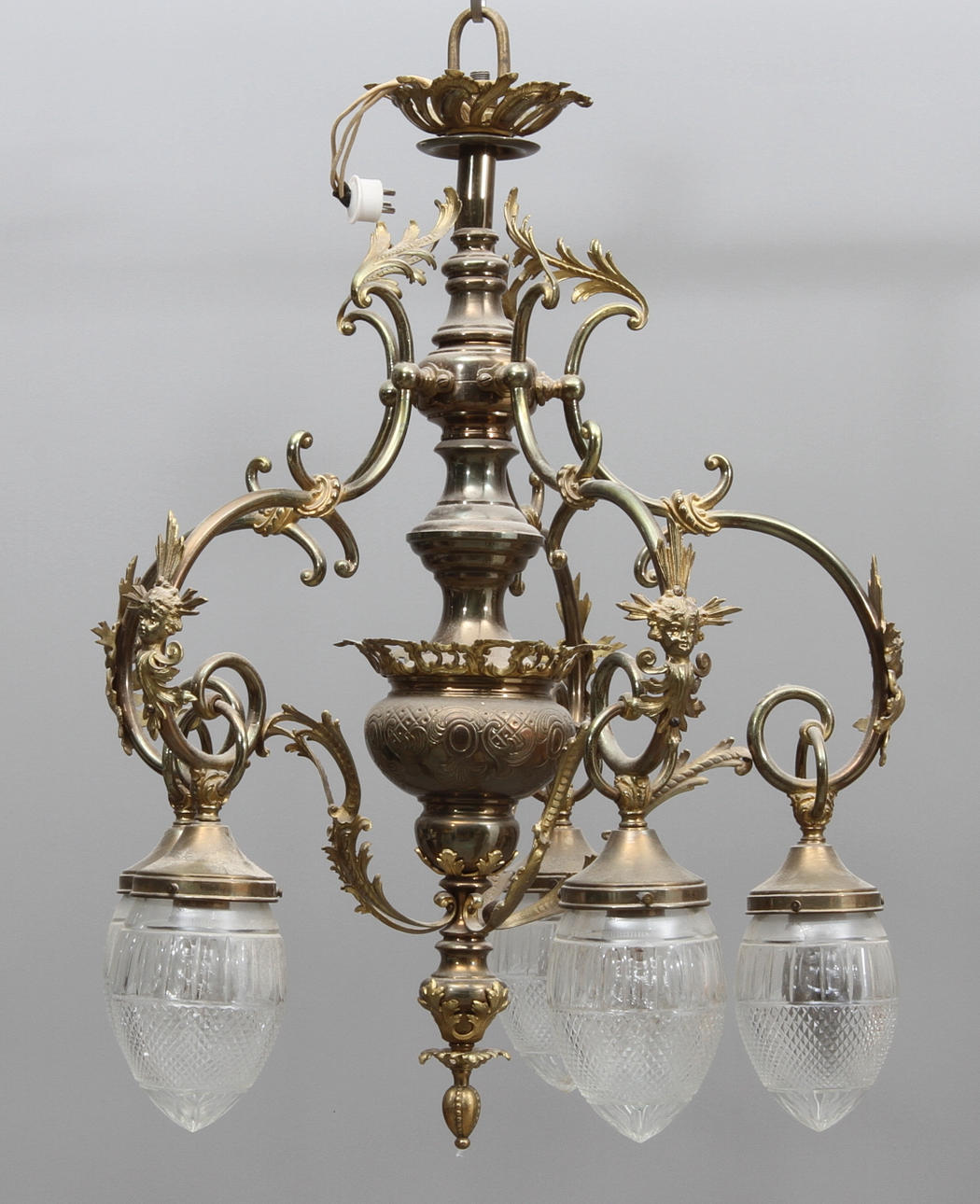 TAKLAMPA, med 5 ljuspunkter, metall, 1900-tal.