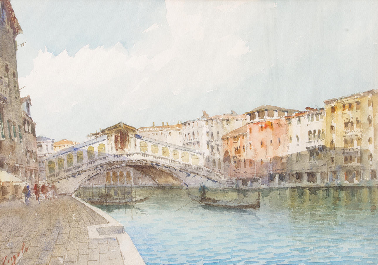 OIDENTIFIERAD KONSTNÄR. Ponte Rialto, Venezia, akvarell, otydligt signerad.
