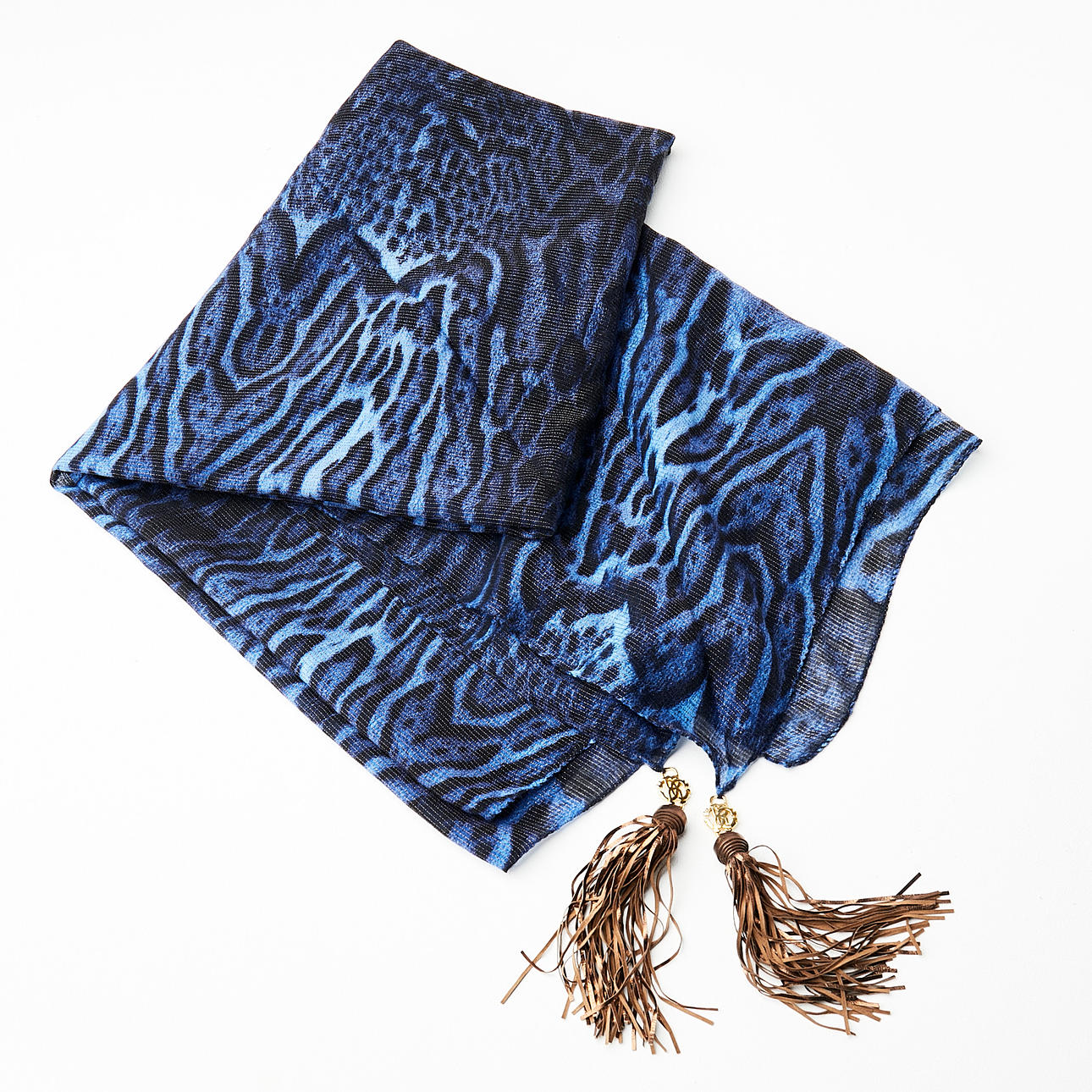 ROBERTO CAVALLI, Shawl, Dark Blue Leopard Print with Gold Thread Inserts, Labeled, Wool/Silk Blend.