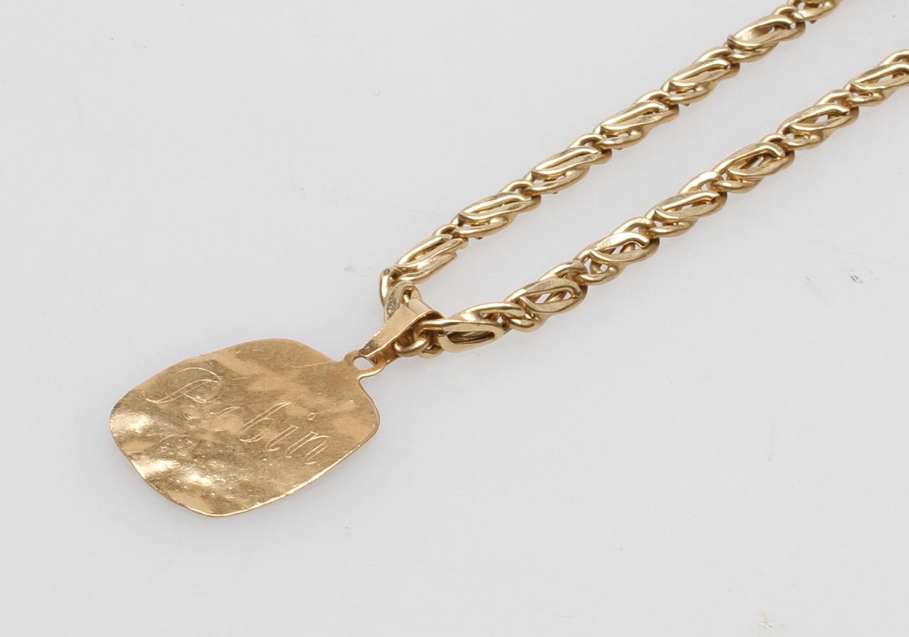 HALSKEDJA 14k guld samt HÄNGE 18k guld, total vikt 8,9 gr.