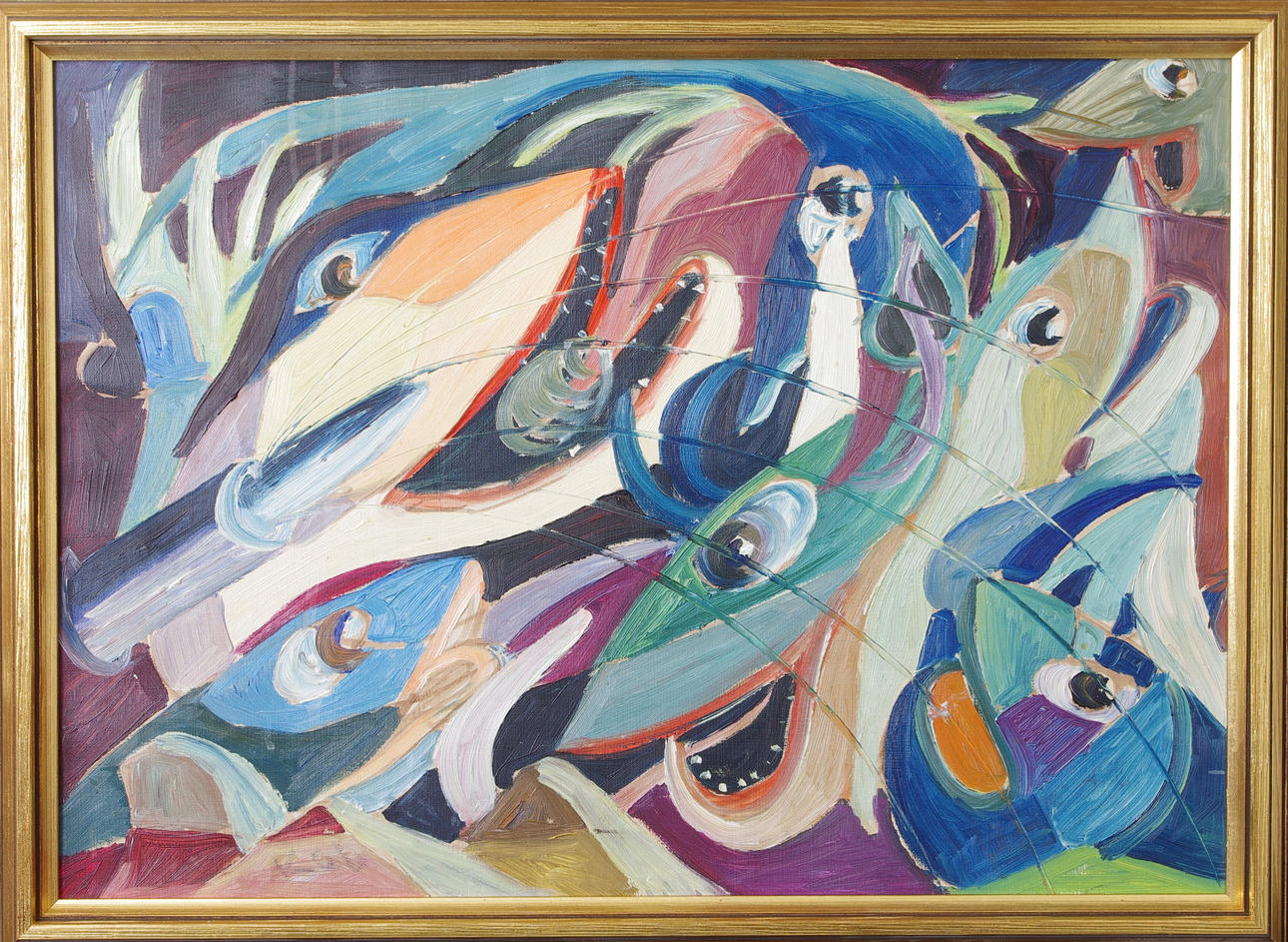 K O LARSEN. Komposition med fiskar, olja på duk monogramsignerad KOL.