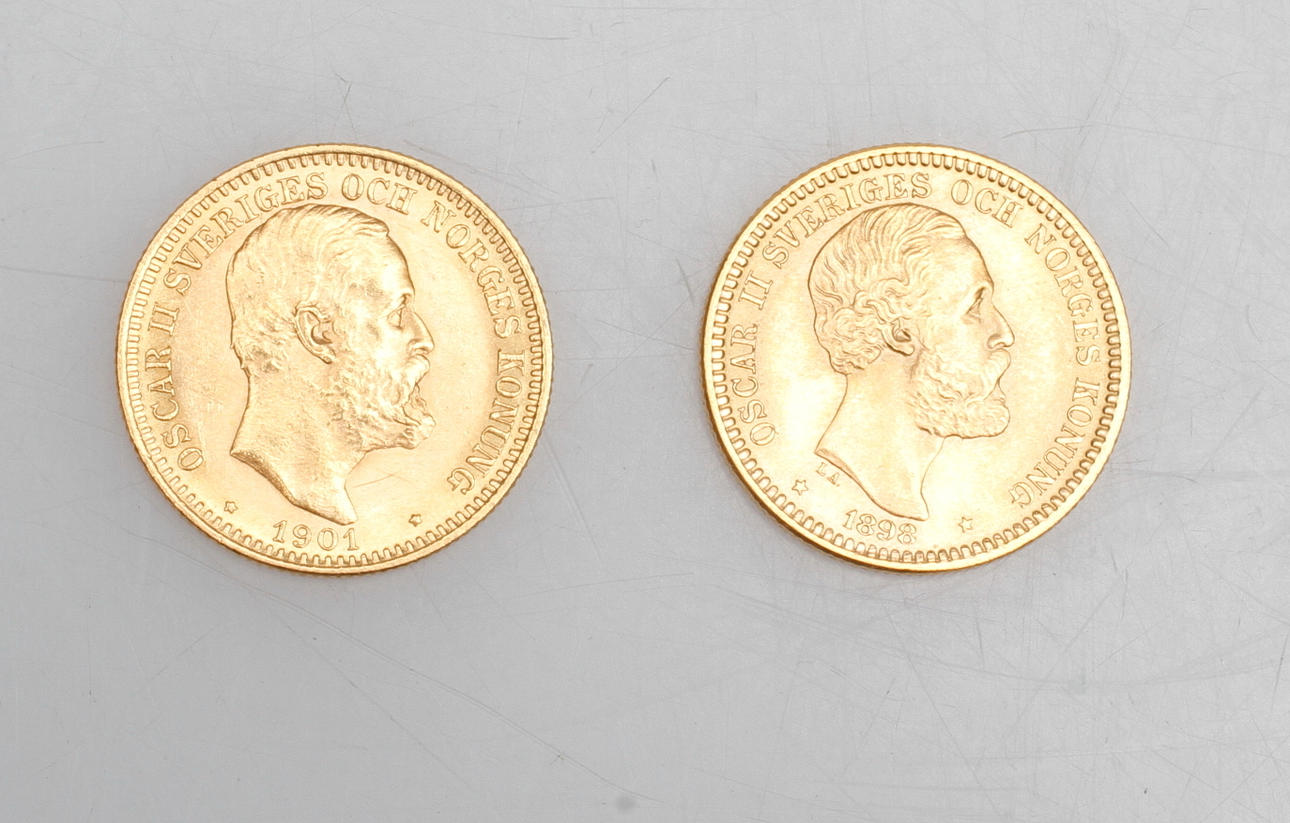 GULDMYNT 20 KR, 2 st, 21,6k, vikt ca 17,9 gr.