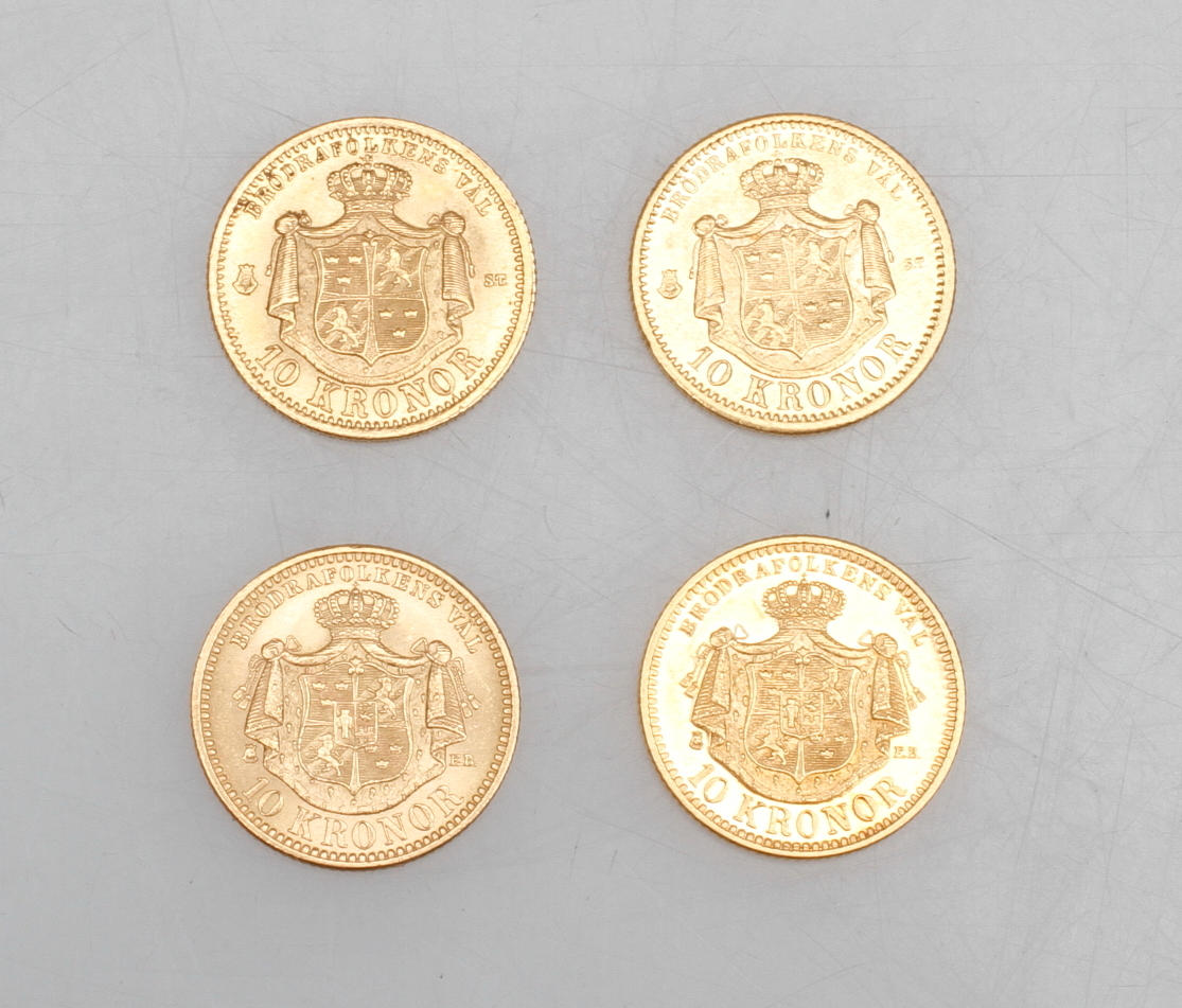 GULDMYNT 10 KR, 4 st, 21,6k guld, vikt ca 17,9 gr.