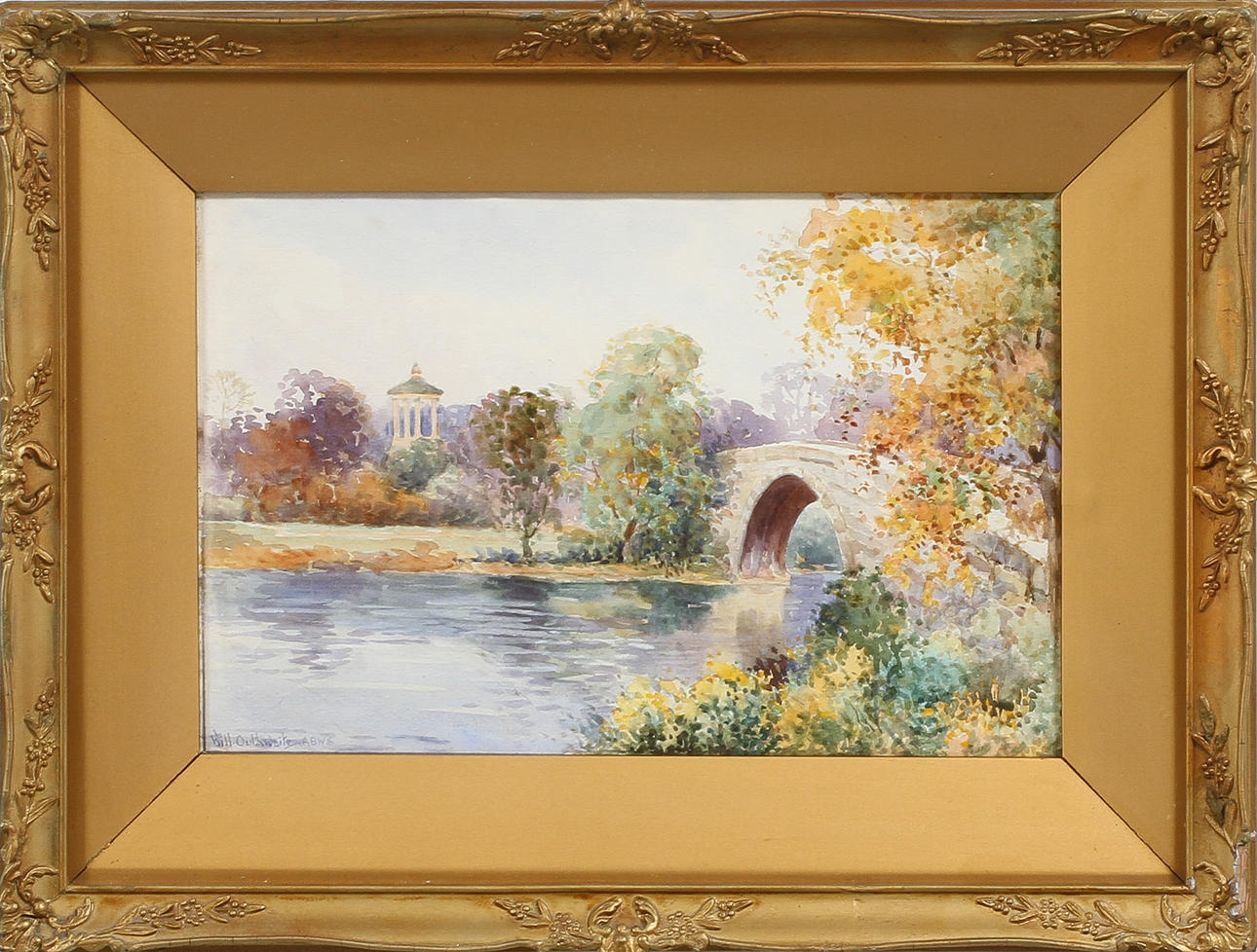 OIDENTIFIERAD KONSTNÄR. Landskap med bro, akvarell, signerad.