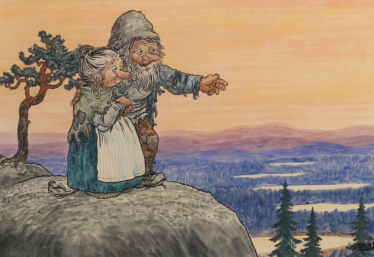 ROLF LIDBERG. MOUNTAIN LANDSCAPE WITH TWO TROLLS.