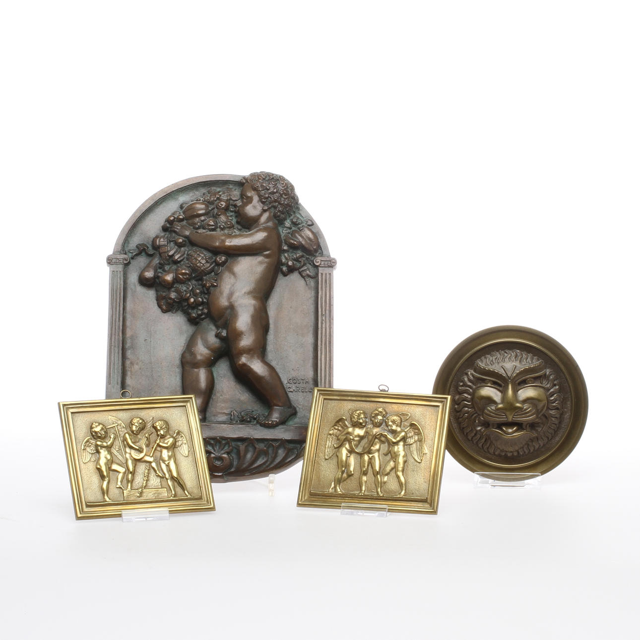 VÄGGPLAKETTER, 4 st, brons och mässing, 1900-tal.