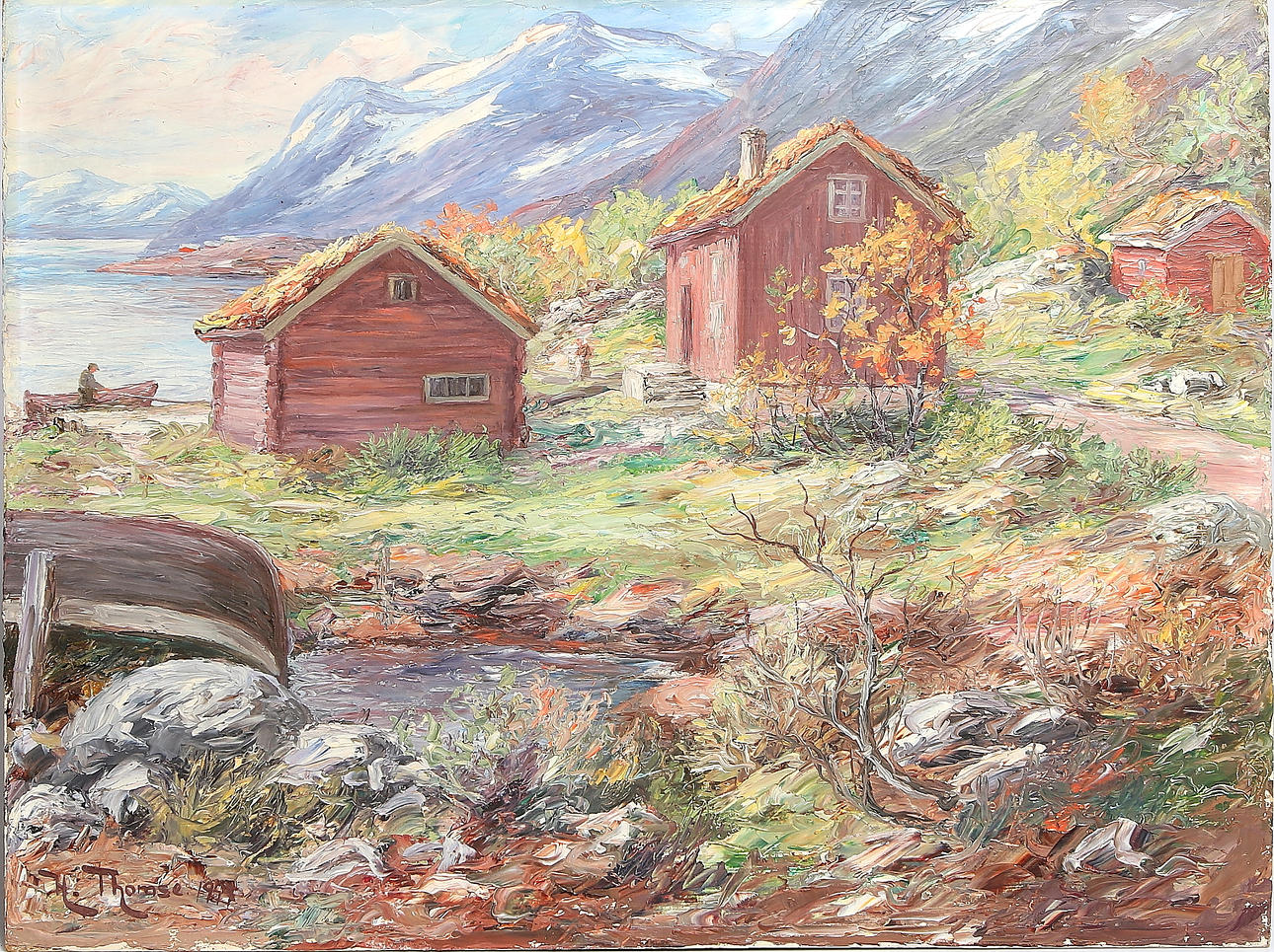 HARRY THOMSE. Fjällgård, olja på pannå, signerad och daterad 1947.