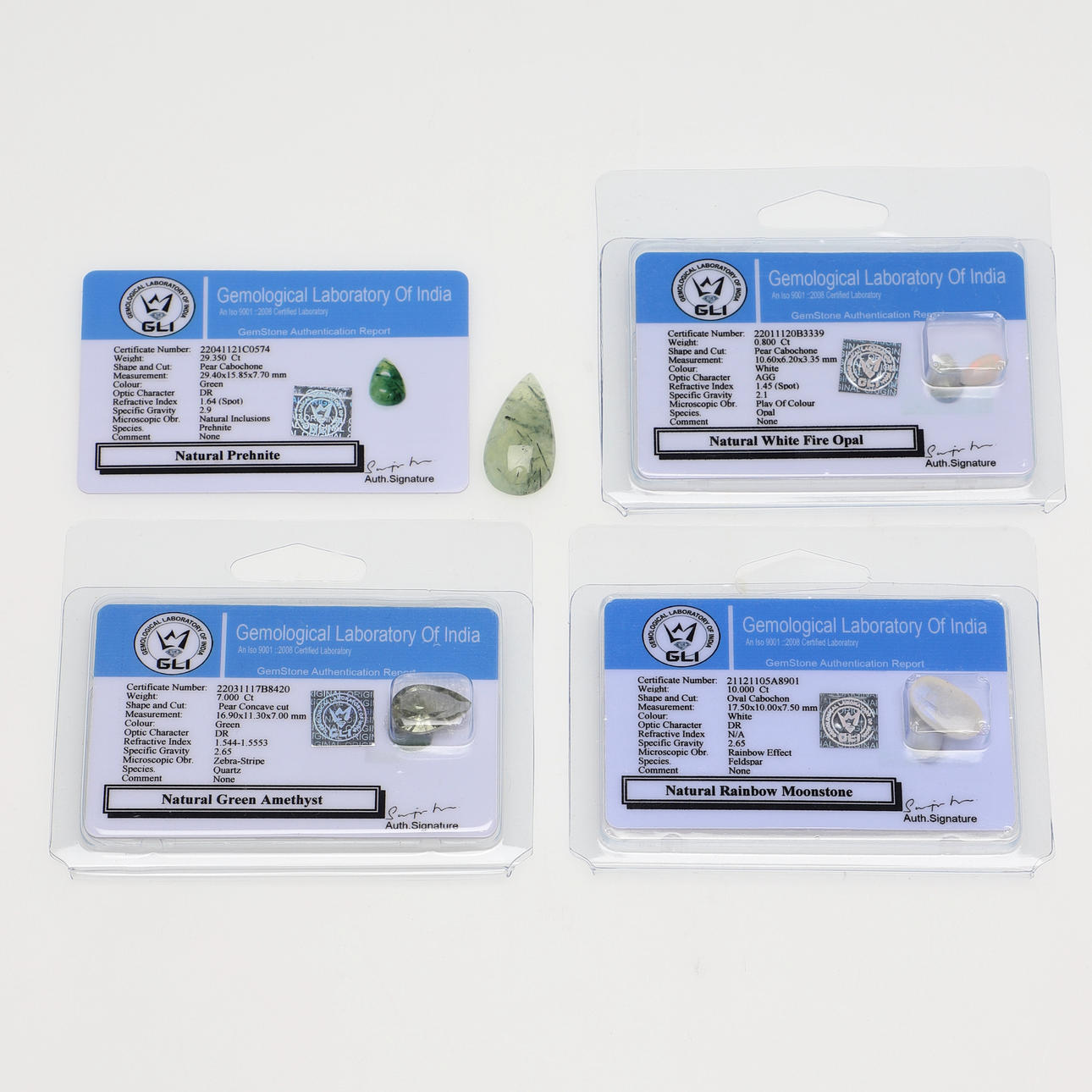 ÄDELSTENAR, 4 st, månsten, opal, ametist & prehnit.