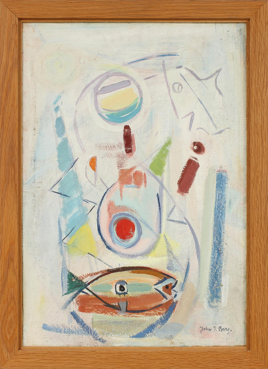 JOHN IVAR BERG. Komposition, olja på pannå, signerad.