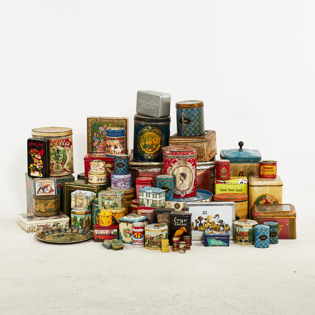 TIN CANS, 1900s, approx. 50, mixed sizes and years.