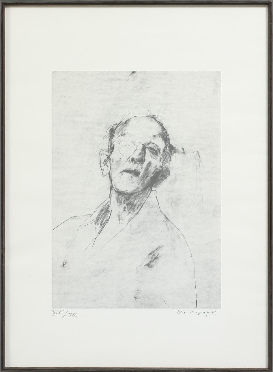 OLLE SKAGERFORS. Självporträtt. Litografi, signerad och numrerad XIX/XX.
