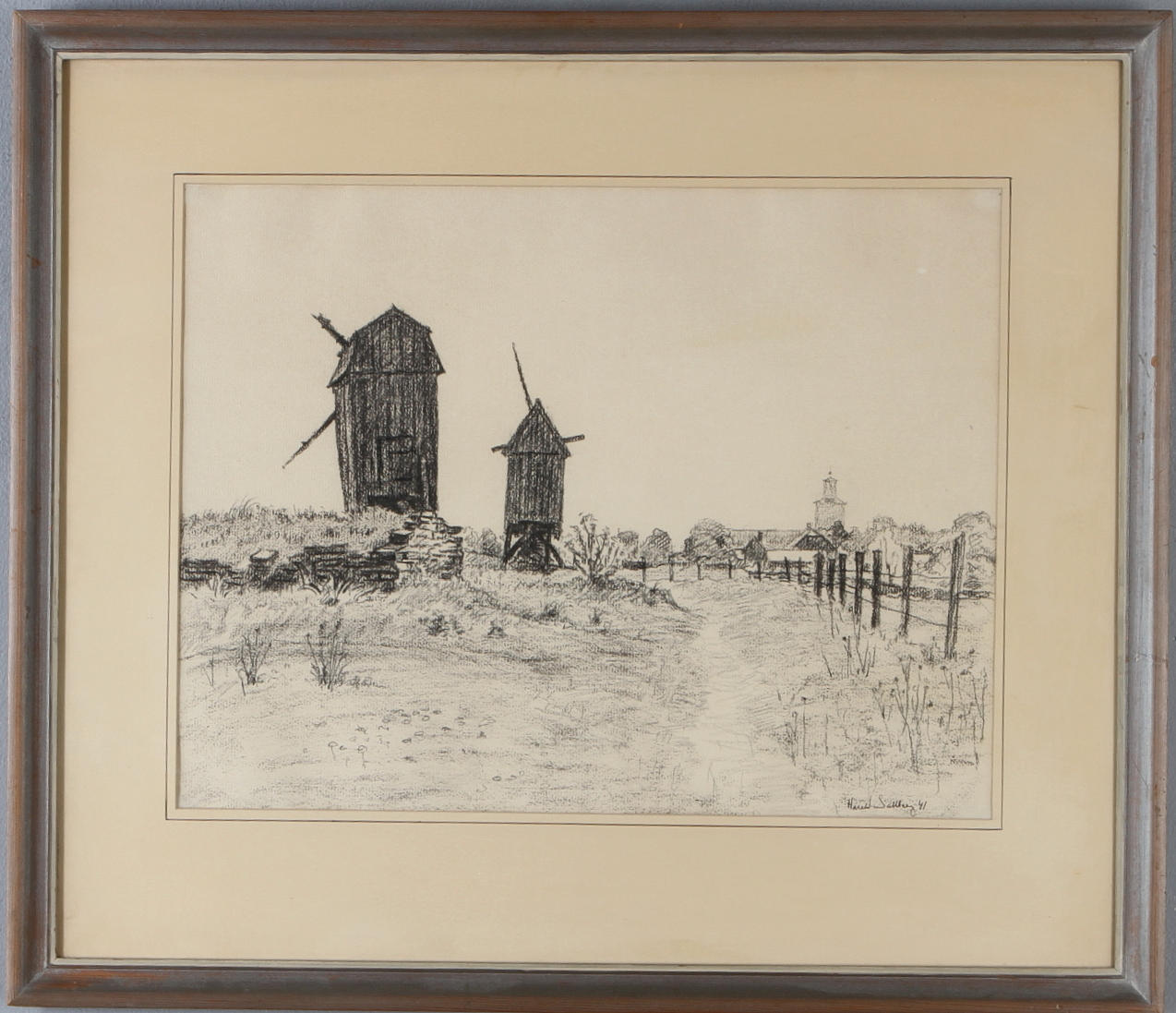 HARALD SALLBERG. Väderkvarnar, tekning, signerad och daterad -41.