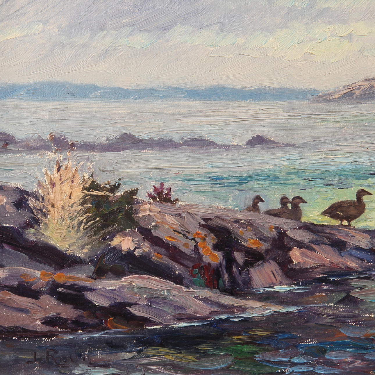 JOHANNES RAVN. Olja på duk, änder i skärgård, signerad.