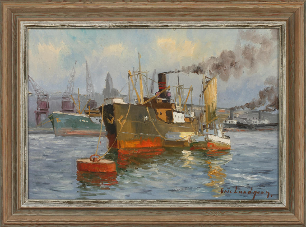 ERIC LUNDGREN. Göteborgs hamn, olja på duk, signerad.