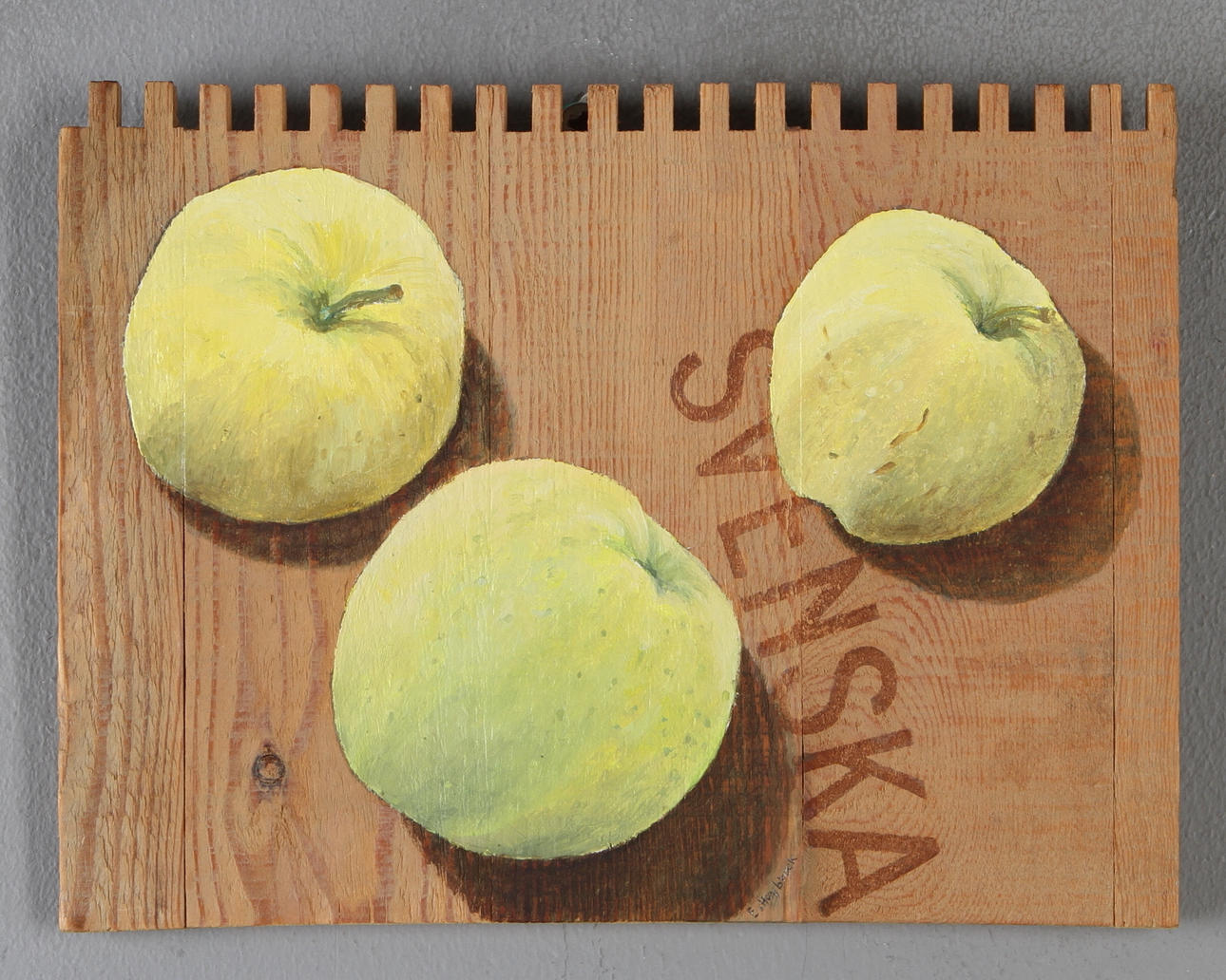 ERIK HEYBROEK. Äpplen, blandteknik på trä, signerad.