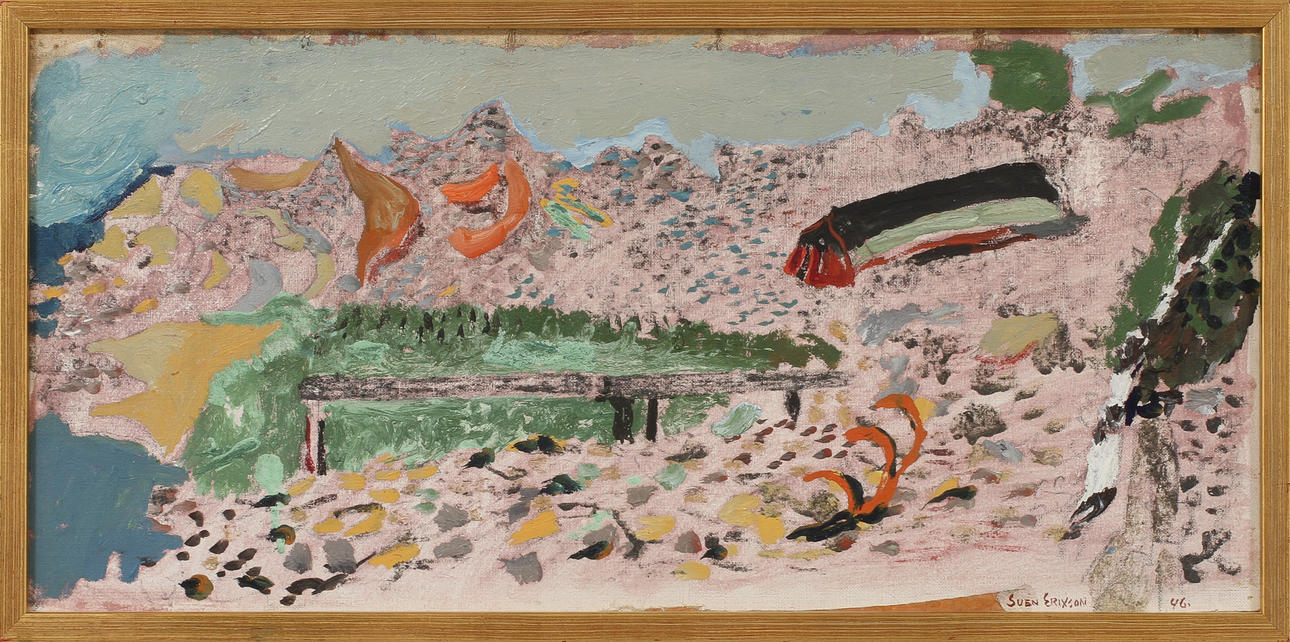 SVEN X:ET ERIXSON. Kustbild med brygga och figurer, olja på duk, uppfodrad, signerad 46.