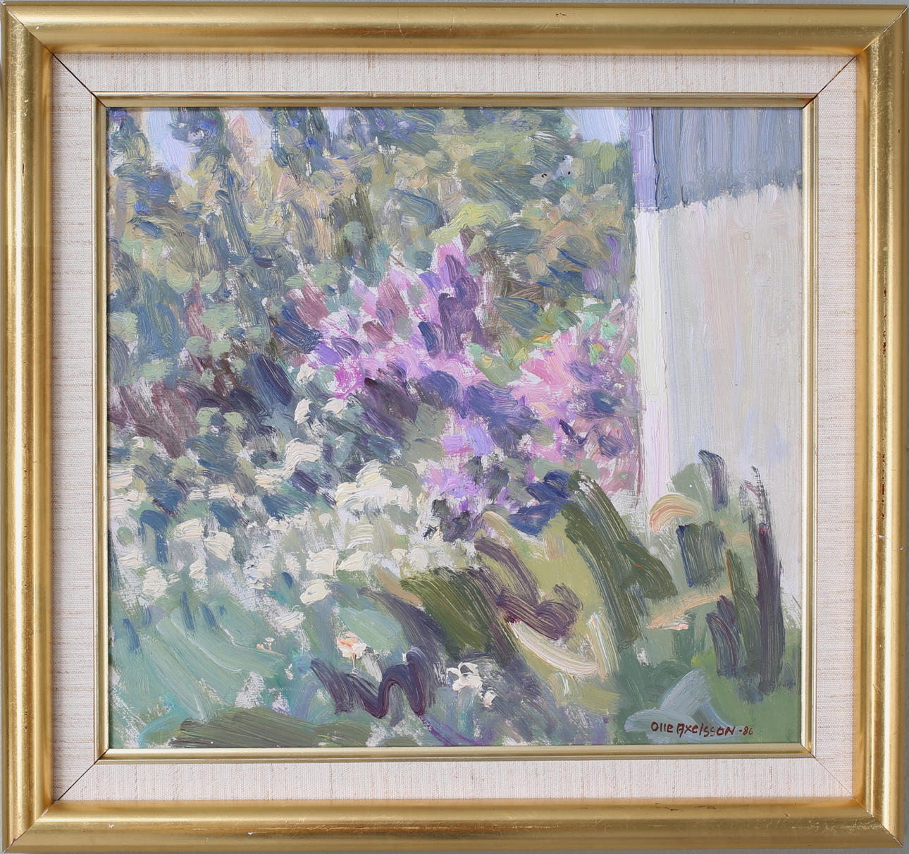 OLLE AXELSSON. I trädgården, Olja på pannå, signerad Olle Axelsson, daterad -86.