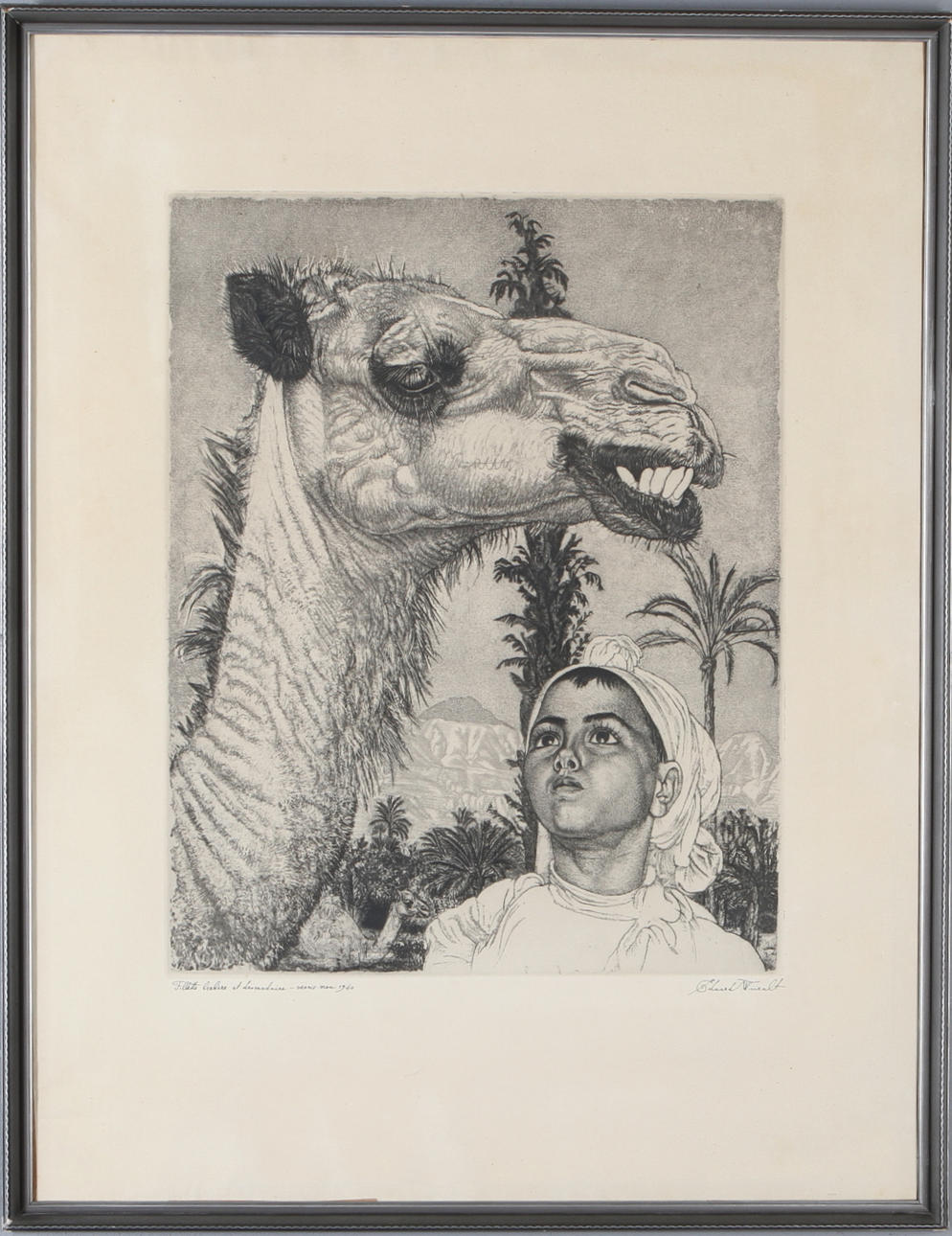 EDUARD WIIRALT. "Fillette berbere et dromadaire", mjukgrundsetsning, signerad.