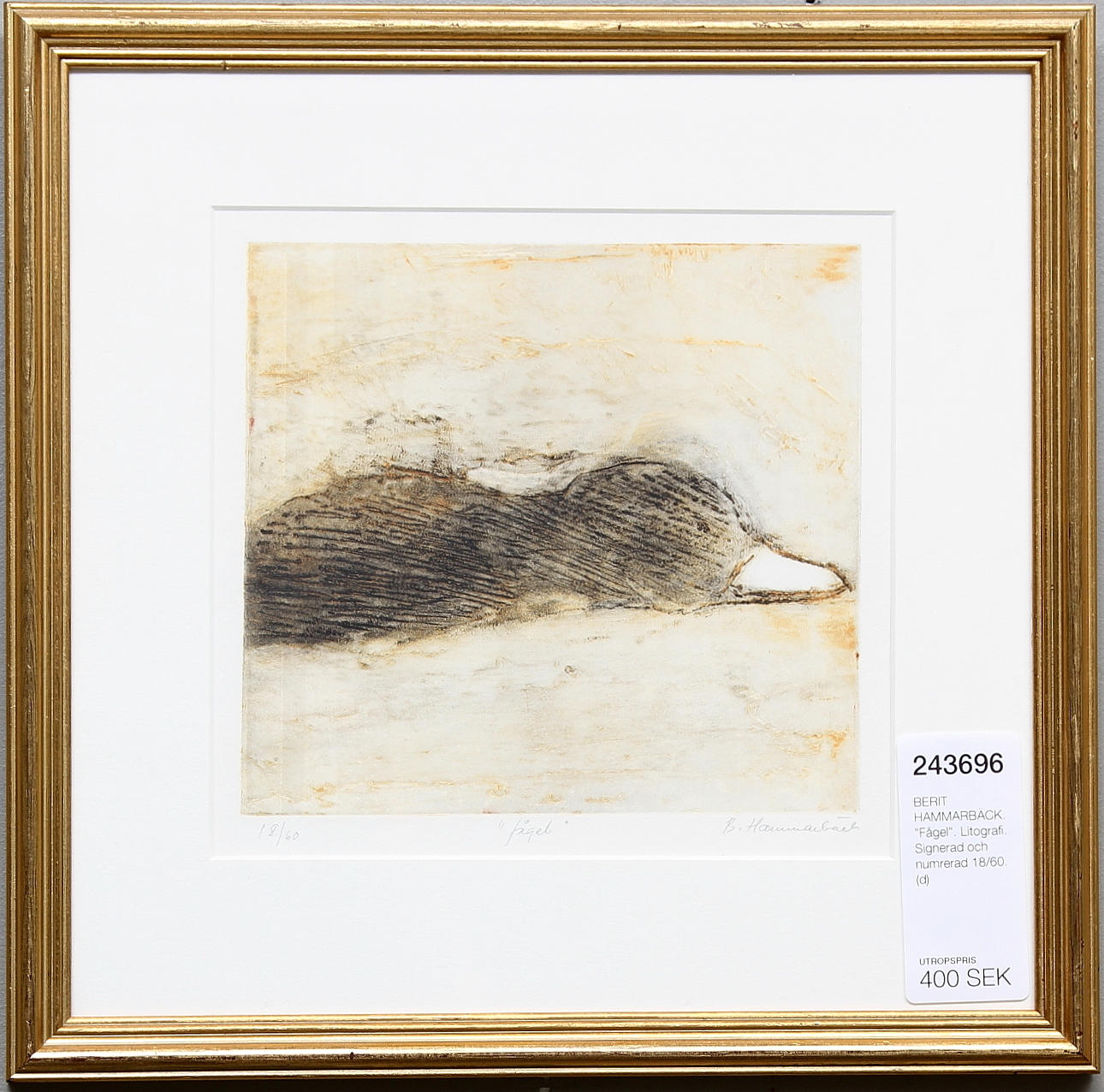 BERIT HAMMARBÄCK. "Fågel". Litografi. Signerad och numrerad 18/60.