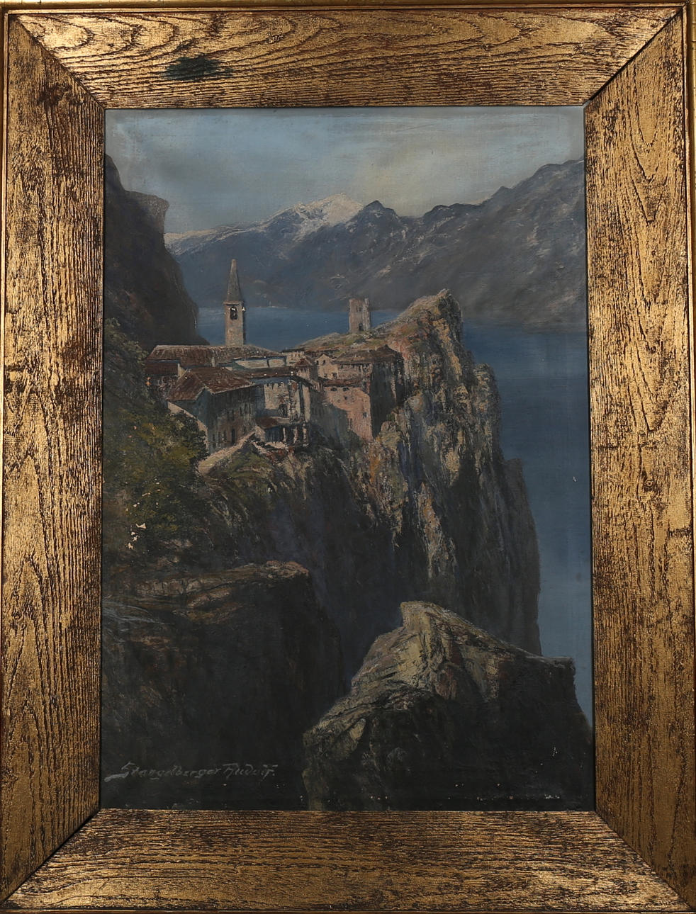 RUDOLF STANGELBERGER. Slott i alplandskap, olja på duk, signerad.