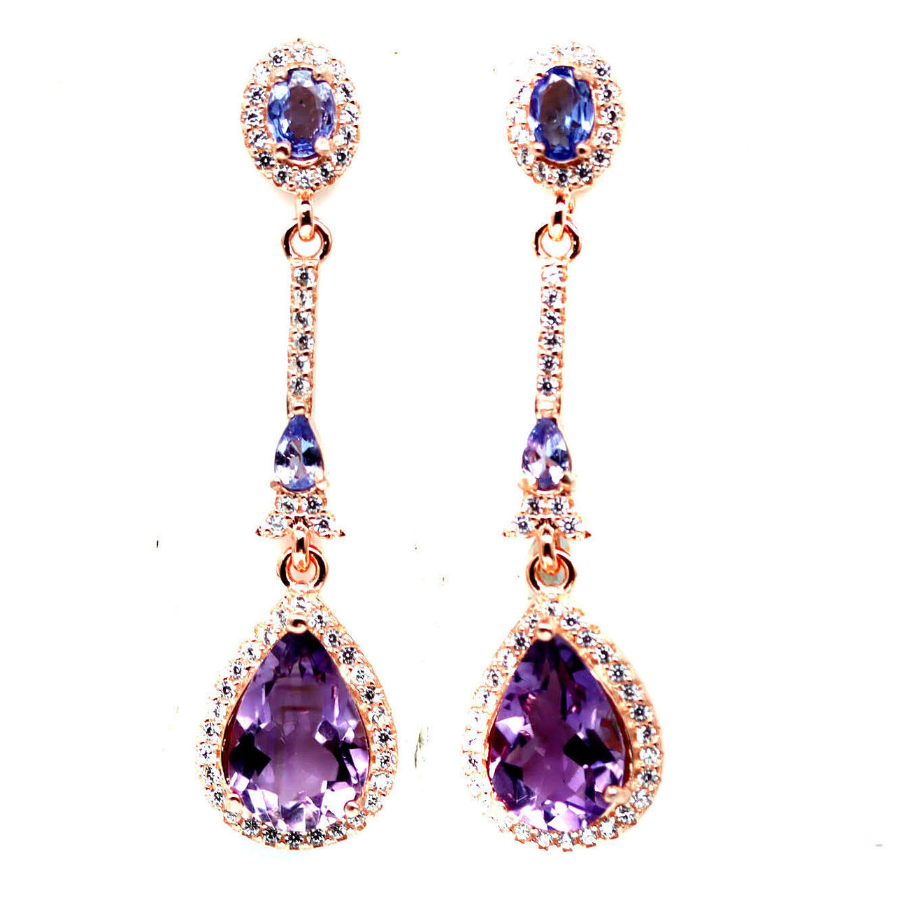 AMTHYST, TANZANITE & WHITE STONE DROP EARRINGS.