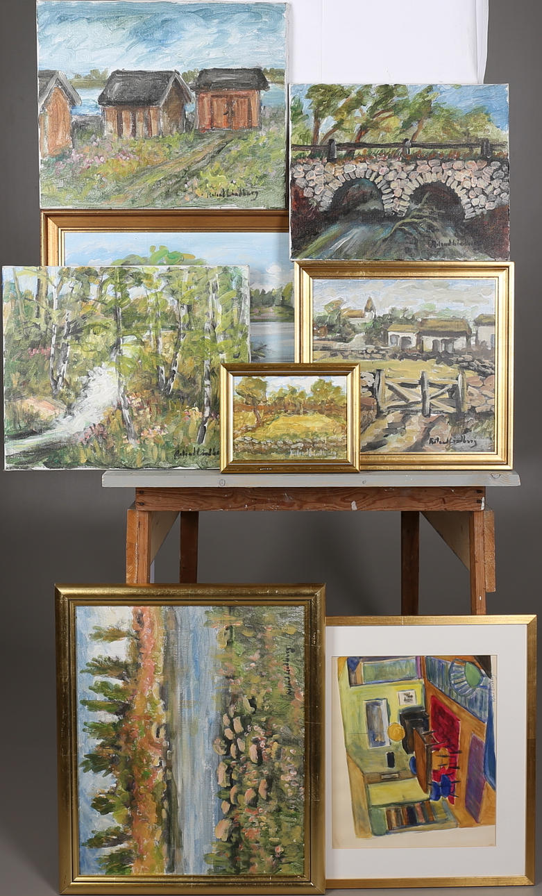 ROLAND LINDBERG. Olja på duk, 7 st, samt akvarell.