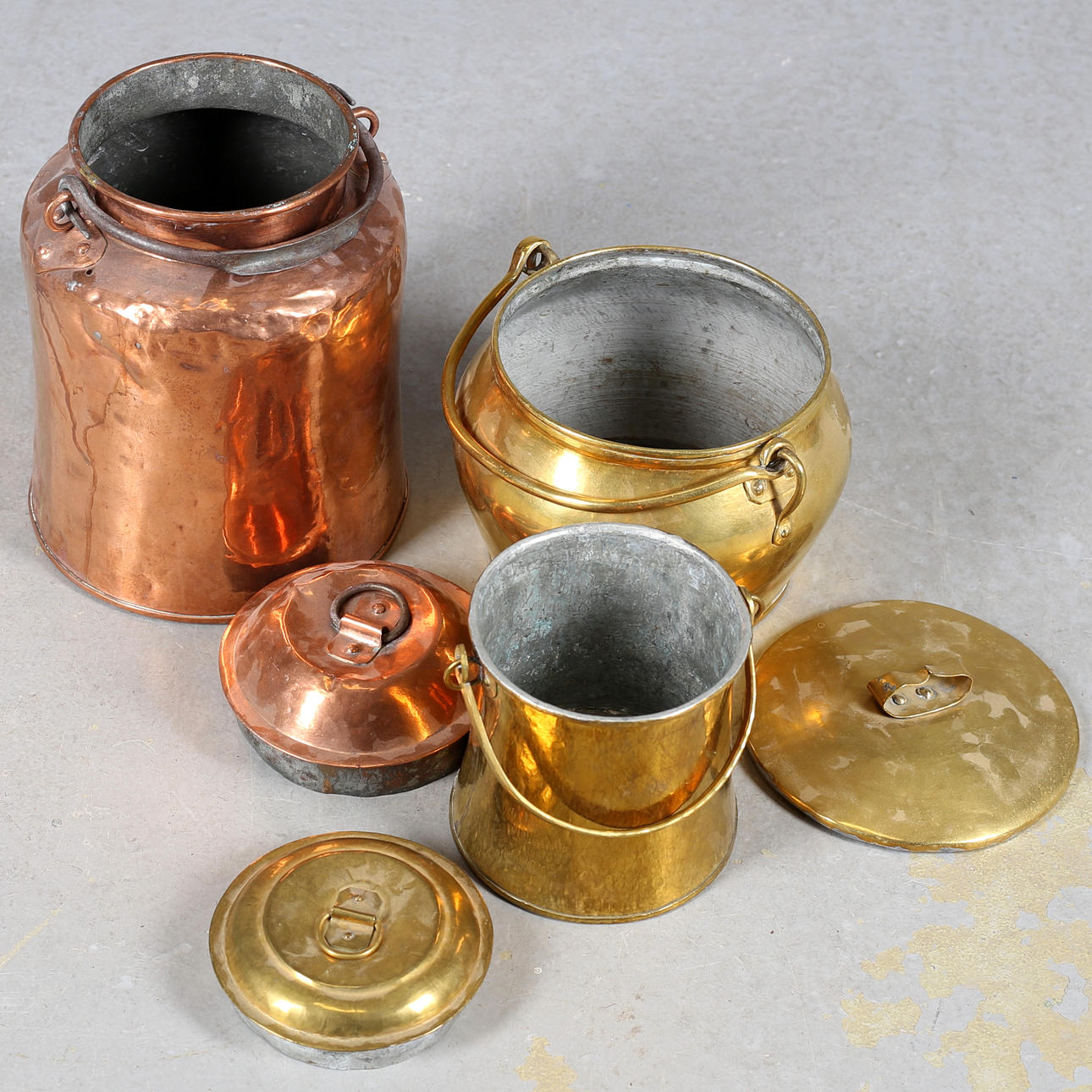 A Collection OF COPPER and BRASS OBJECTS, 6 parts, including pots and ...