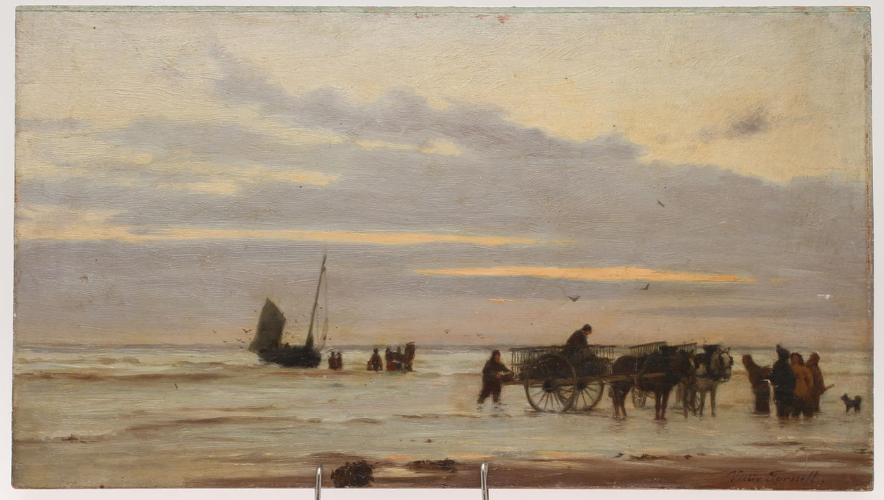 VICTOR FORSSELL. Kustlandskap med båt och fiskare, olja på pannå, signerad.