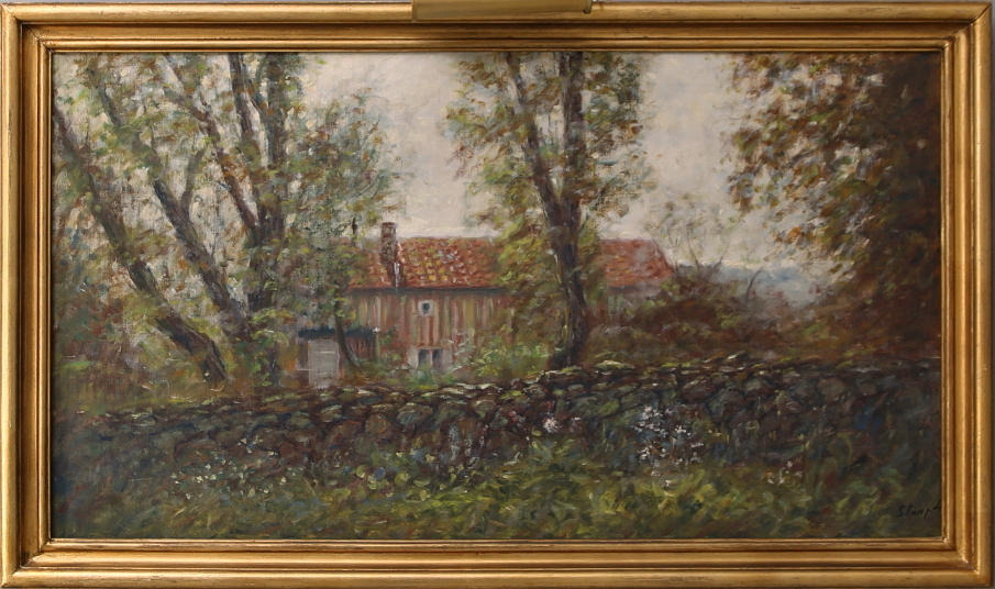 OIDENTIFIERAD KONSTNÄR. Olja på duk, övergiven gård, signerad.