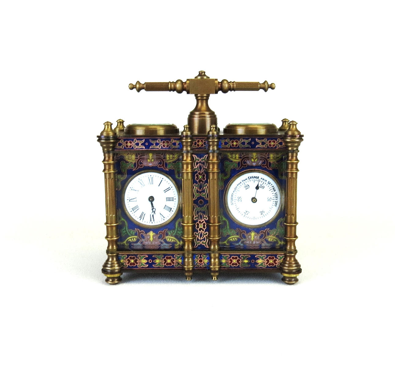 RELOJ CARRO DOBLE DE LATÓN Y CLOISONNE.
