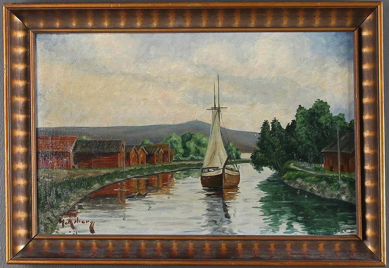 OIDENTIFIERAD KONSTNÄR. Olja på duk, kanal med segelbåt. Signerad och daterad H. Åsberg -31.