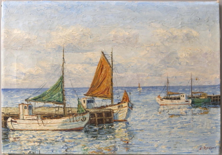 ERICK BREHM. Olja på duk, båtmotiv, signerad.