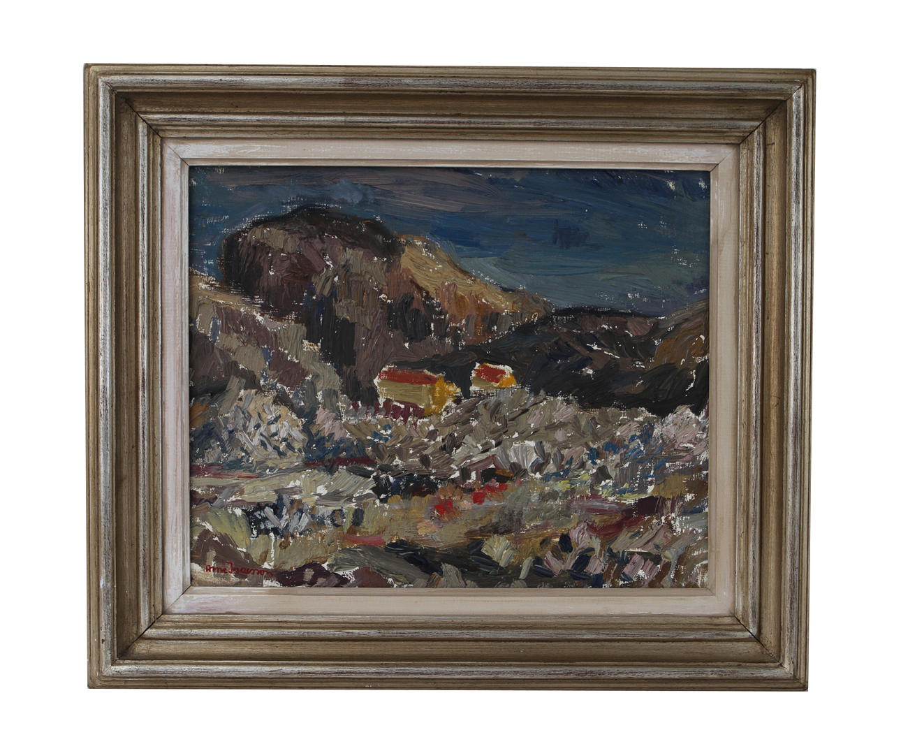 ARNE, ISACSSON. Landskap med hus. Olja på pannå, signerad.