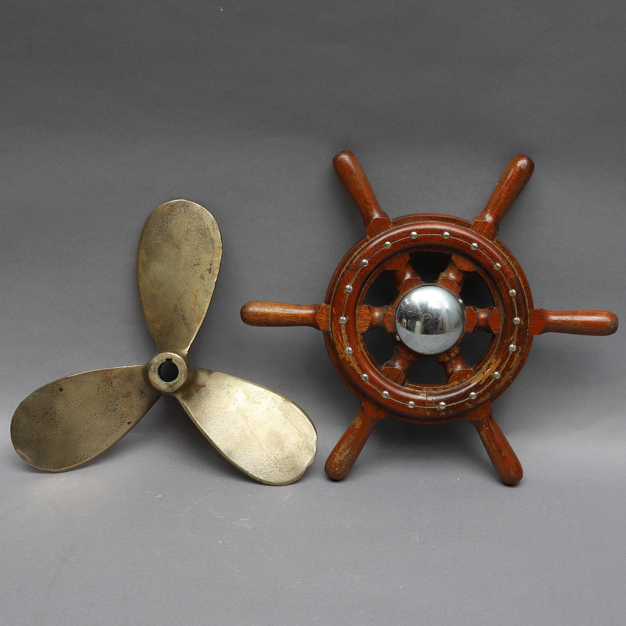 BOAT STEERING WHEEL & PROPELLER, wood & brass.