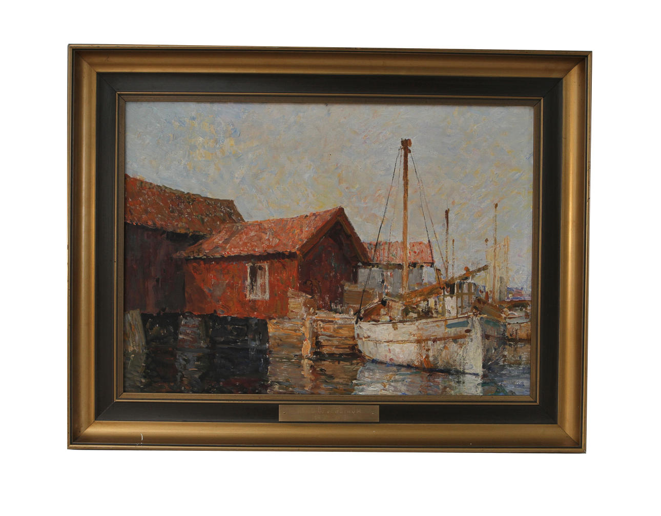 HUGO ÖFVERSTRÖM. Fiskebåt vid sjöbod. Olja på duk, signerad.