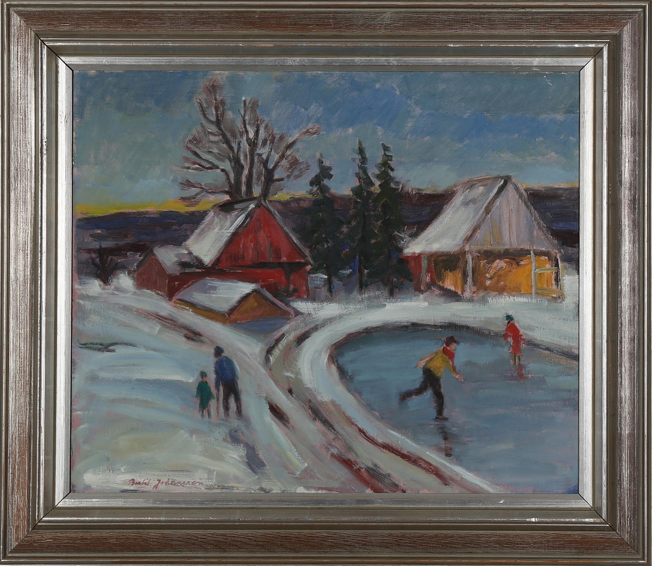 BERTIL JOHANSSON-BAJO. Skridskoåkning, olja på pannå, signerad Bertil Johansson.