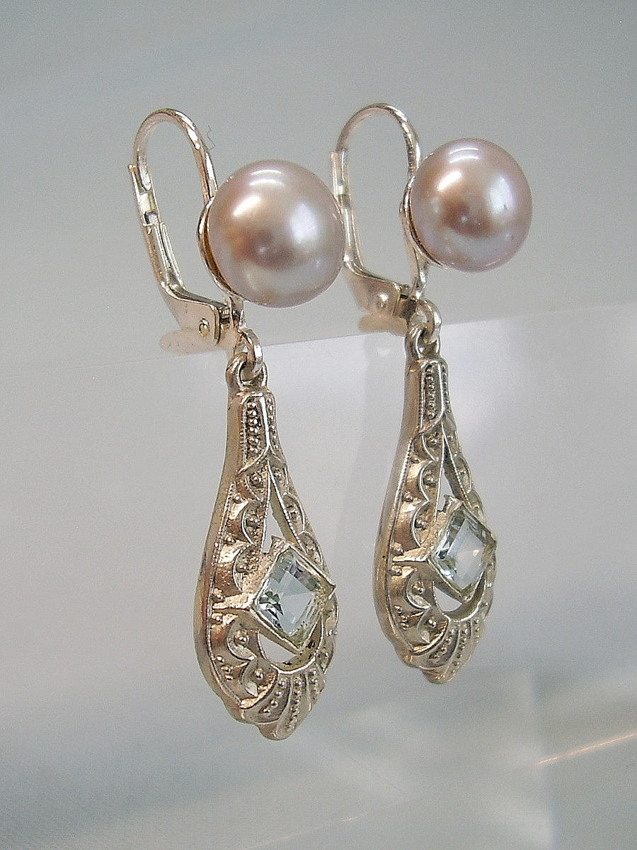 AQUAMARIN OHRRINGE, ANTIK, Silber 935, Art Deco.