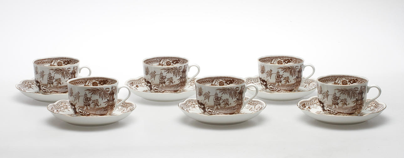 TEKOPPAR MED FAT, 6 st, porslin, "Singapore", Arabia, Finland.