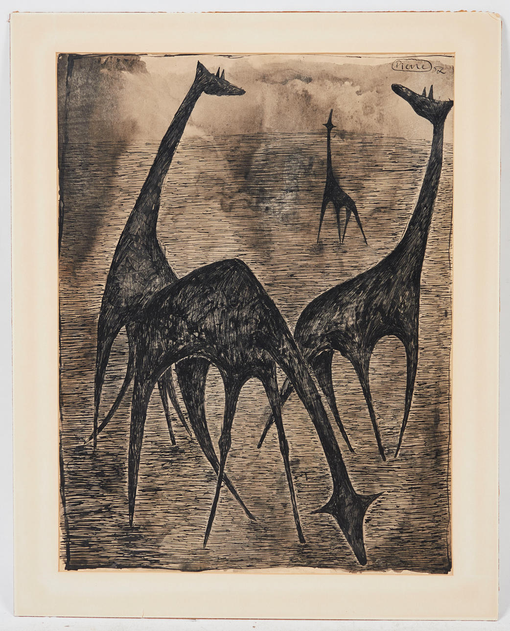 OTTO PIENE. Tegning, giraffer, 1952, Tyskland.
