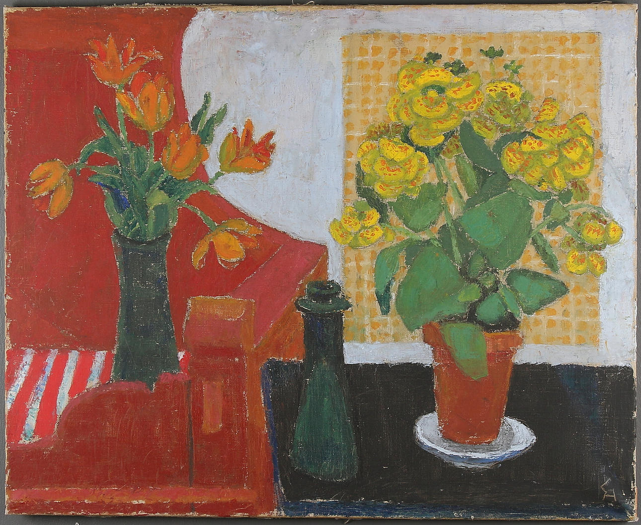 GUNNAR HÅLLANDER. "Tulpaner och toffelblomma", olja på duk, monogramsignerad och daterad -53.
